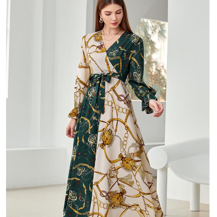 Elegante vestido largo cuello en V manga larga estampado de cintura alta  falda de talla grande comprar a buen precio — entrega gratuita, reseñas  reales con fotos — Joom