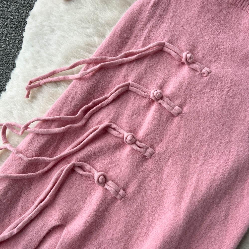 Podzimní a zimní pletený retro svetr s knoflíky na cívku + rozparková boková sukně do půl těla dvoudílný set