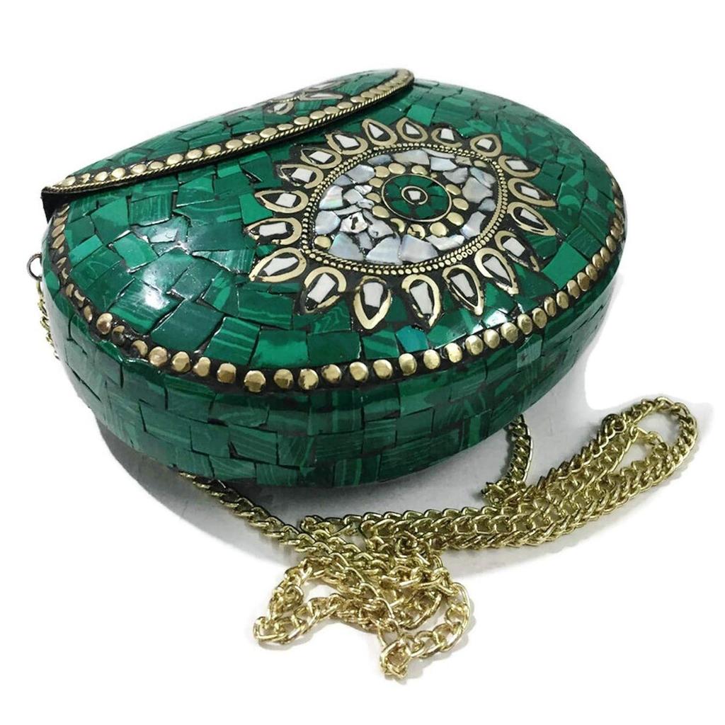 Turquoise Stone Mosaic Metal Bag Antique Ethnic Bridal Clutch Indian Purse Party Clutch Women Bag