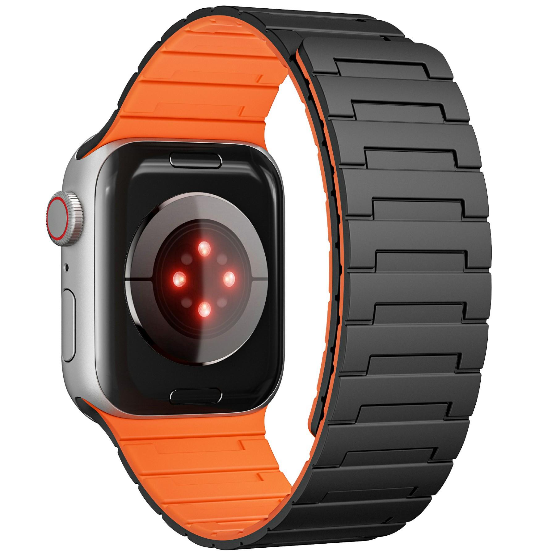 

For Apple Watch 10 46mm/Ultra 2/Ultra 49mm/9 8 7 45mm/SE (2023) SE (2022) SE 6 5 4 44mm/3 2 1 42mm Magnetic Silicone Watch Strap Black+Orange