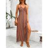 Women's Summer Ethnic Pattern Backless Split Thigh Dress Ladies Summer Clothes Fashion Frill Trim Long Dress Beach