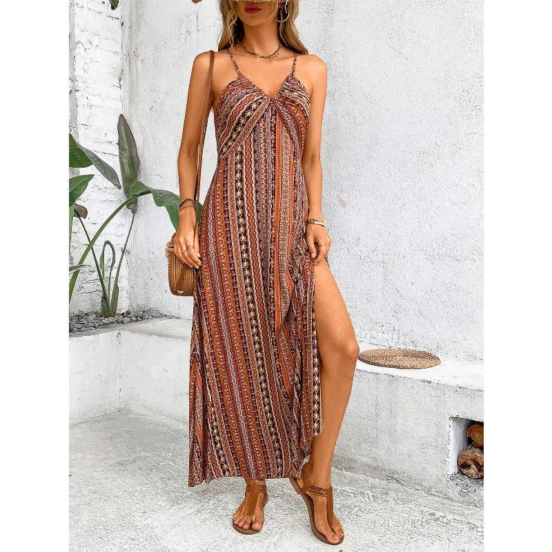 Women's Summer Ethnic Pattern Backless Split Thigh Dress Ladies Summer Clothes Fashion Frill Trim Long Dress Beach
