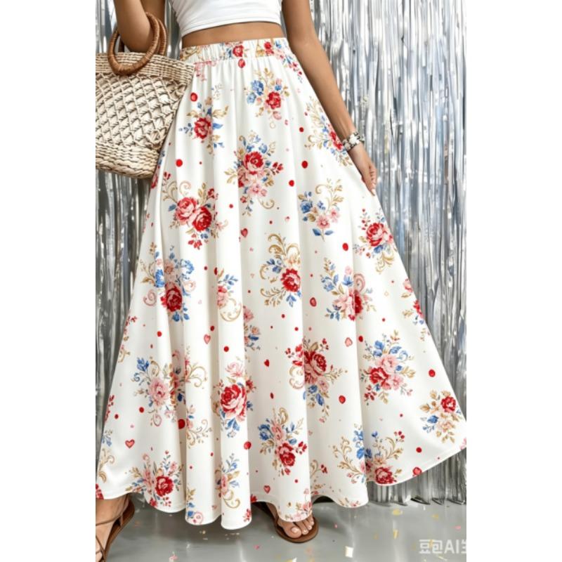Tištěný design Červený a bílý drobný květinový potisk Celoroční dámská maxi sukně, Boho elastický pas Splývavá poloviční sukně