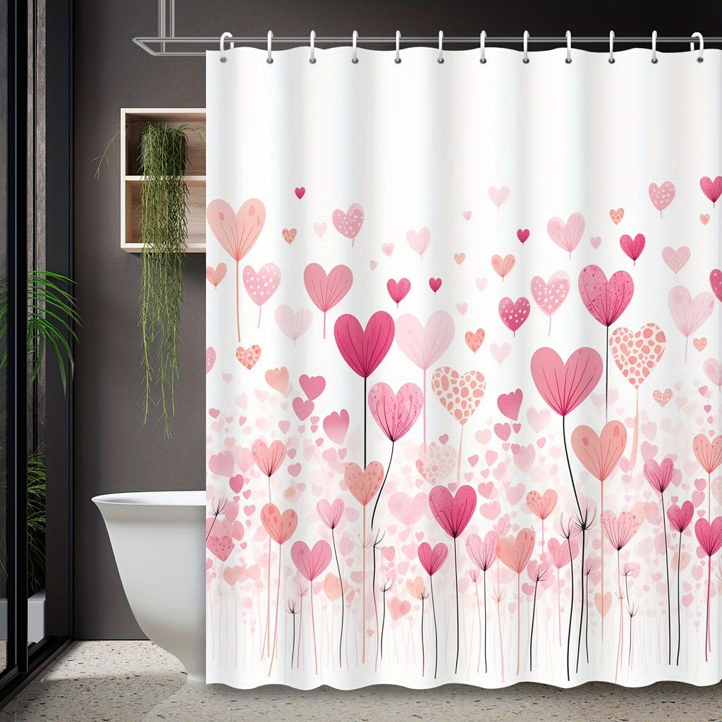 Romantic Heart Floral Art Shower Curtain, 12 Hooks, Water-Resistant Polyester Bathroom Partition for Valentine's Day Decor