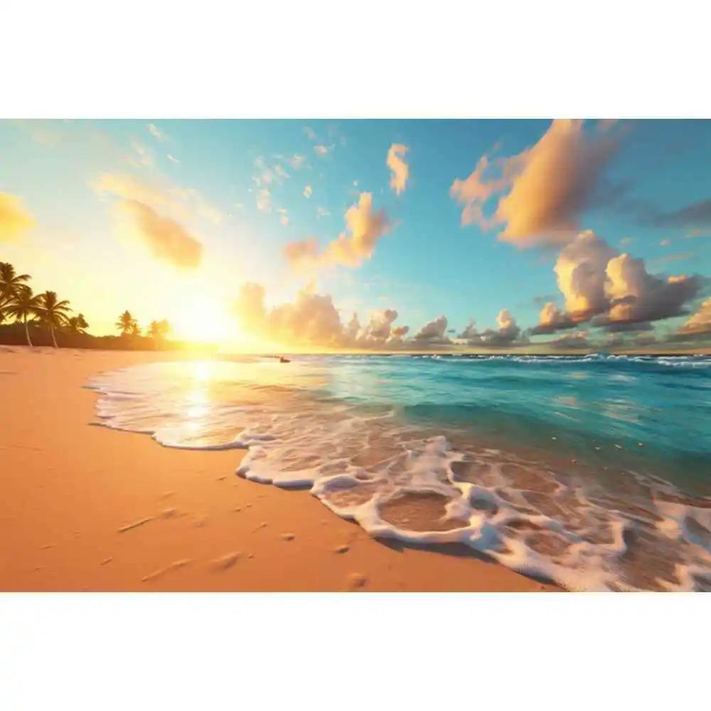 Sommer Strand Wellen Palmen Blauer Himmel Sonnenaufgang Ozean Thema Kulisse, Geburtstagsparty, Heimdekoration Fotografie Kulissenstoff
