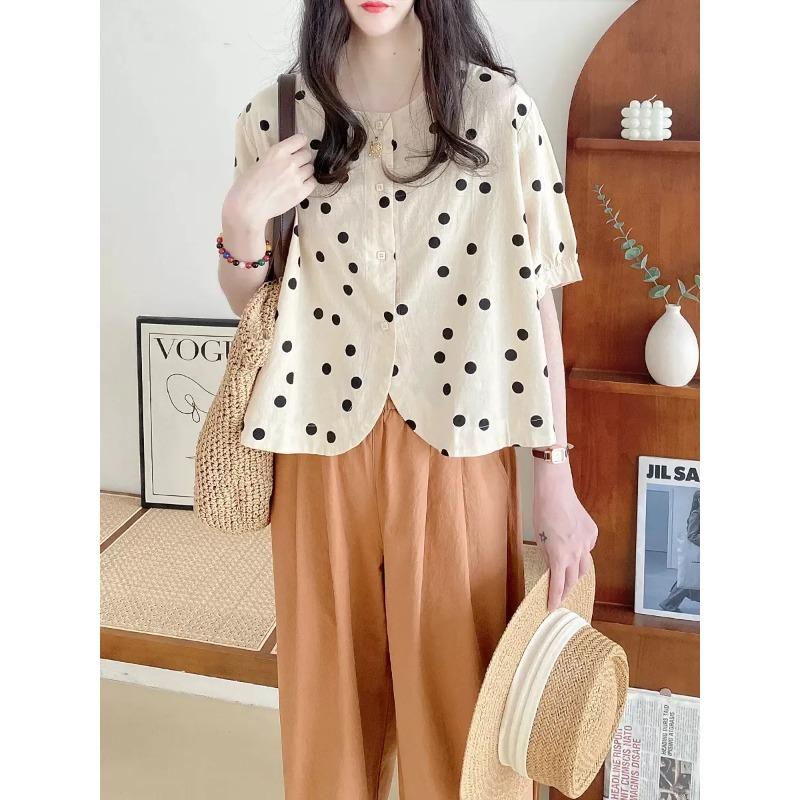 

Women s Beige Polka Dot Short Sleeve Button Front Blouse Casual Loose Fit Shirt S чёрный