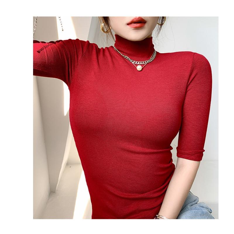 Threaded Short-sleeved T-shirt for Women Summer New Half-sleeved Turtleneck Bottoming Shirt with Inner Top