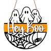 2D Flat, 1pc Round Aluminum Hanging Sign, Ghost Spider Web with "Hey Boo" Word Design, Suitable for Halloween & Christmas Wall Decor, Multi-Holiday