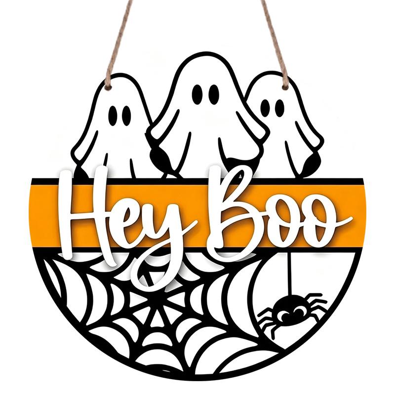 2D Flat, 1pc Round Aluminum Hanging Sign, Ghost Spider Web with "Hey Boo" Word Design, Suitable for Halloween & Christmas Wall Decor, Multi-Holiday