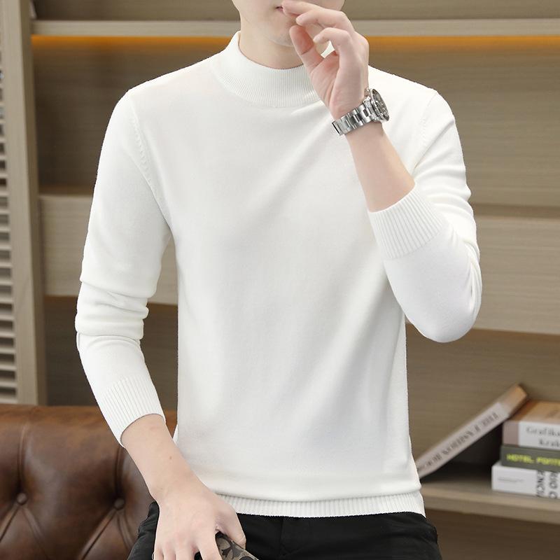 Men's Slim Fit Wool Sweater - Autumn & Winter Half-High Collar Knit Base Layer, Solid Color Trendy Design
