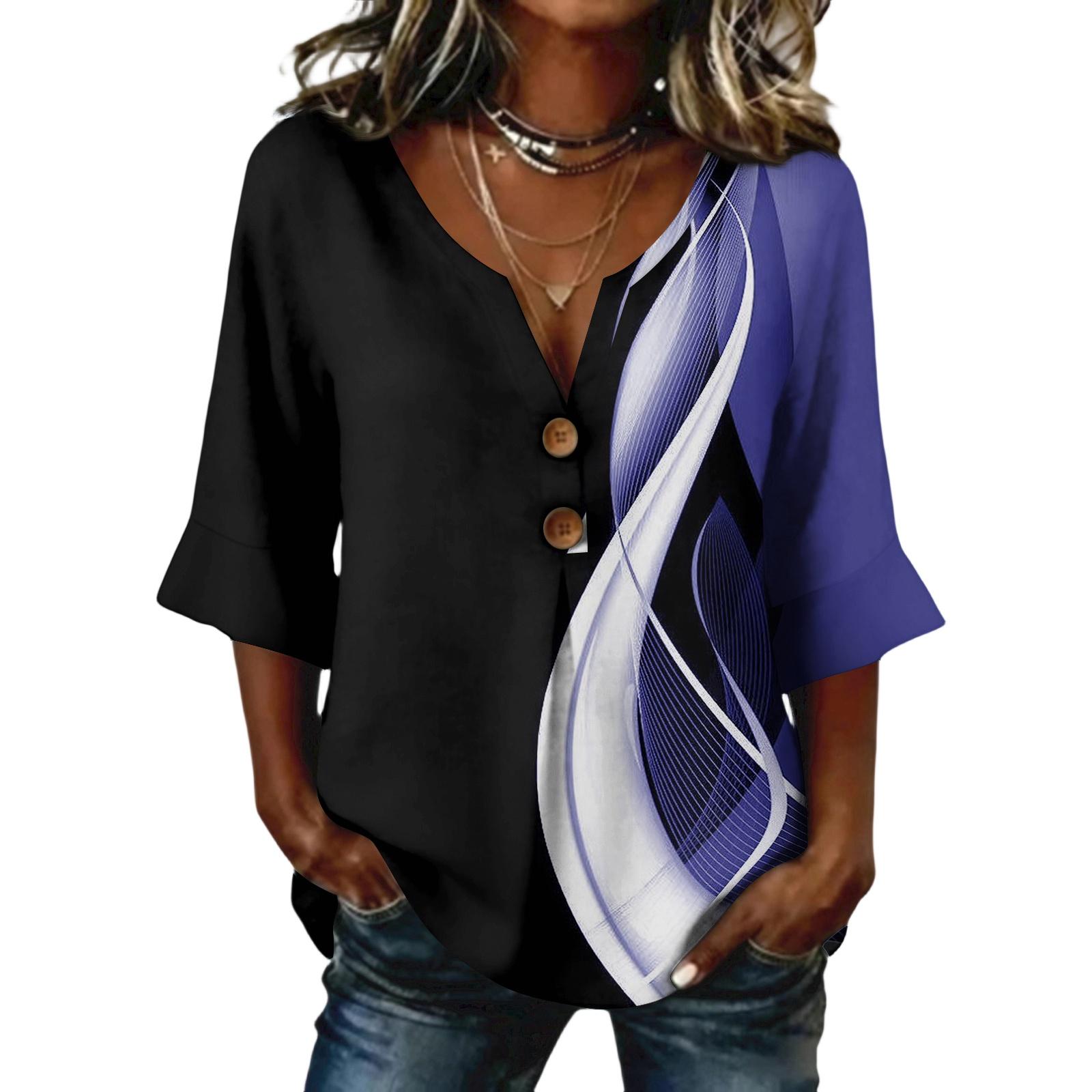 

Ladies floral print button casual V-neck fashionable seven quarter sleeve top L чёрный