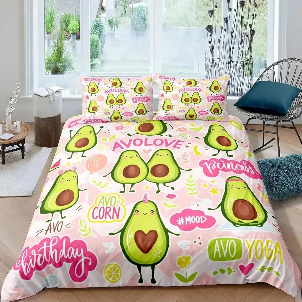 Avocado Duvet Cover Set Queen Size 3D Printed Cartoon Funny Faces Avocado Bedding Set Green White,Tropical Botanical Quilt Cover