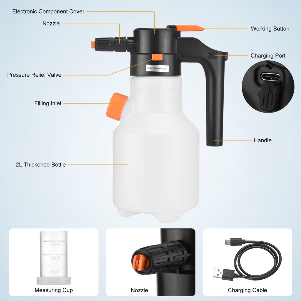 Elektryczny opryskiwacz pianowy, 2L Mocny opryskiwacz pompowy zasilany baterią, Bezprzewodowy, Akumulatorowy, Ciśnieniowy