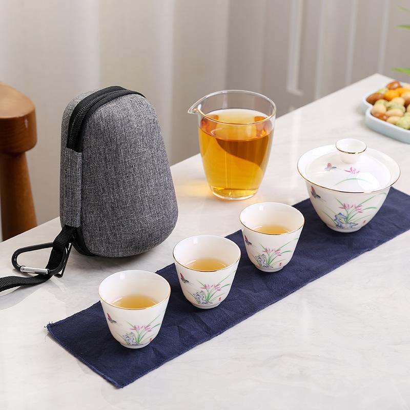 Yangzhi Jade Quick Dehua White Porcelain Brewing Gaiwan Portable Outdoor Travel Tea Set One Pot Three Cup