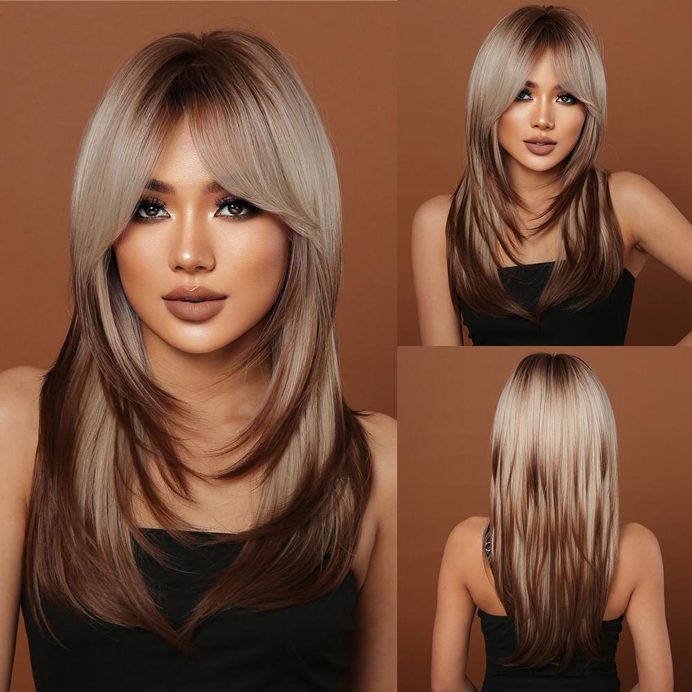 Platinum Ombre Synthetic Wigs for Women Long Wavy Silky Natural Hair Wig with Bangs Cosplay Party Heat Resistant Fake Hairs
