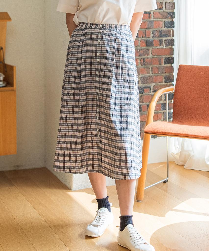 Cotton Bell Button Placket Flare Skirt - Ivory Check