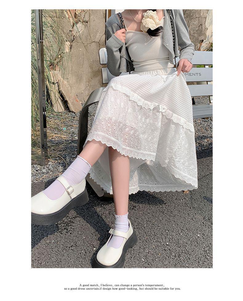 Women's Princess-Style White Lace Midi Skirt - A-line, Tiered, Flared, Spring/Summer Design
