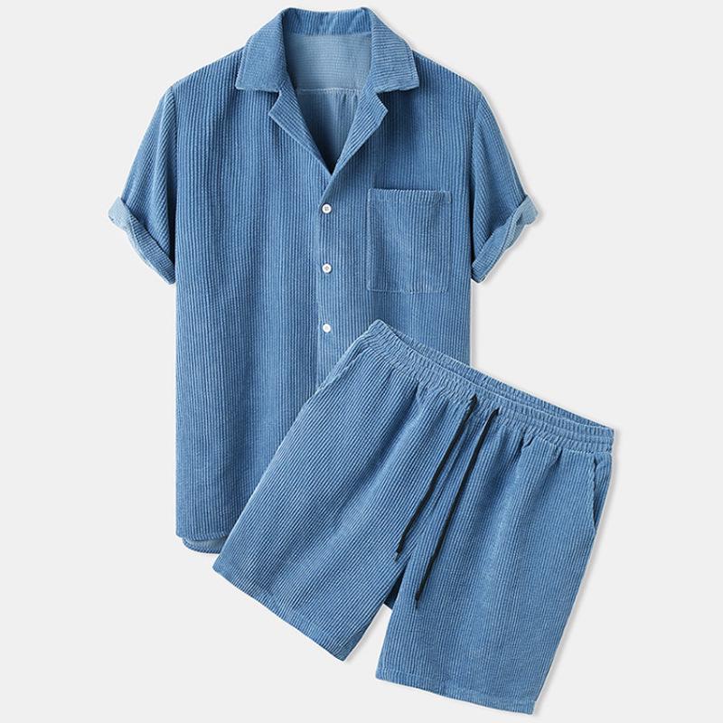 

Men s 2023 Summer Solid Color Suit Collar Shirt & Shorts Set L синий