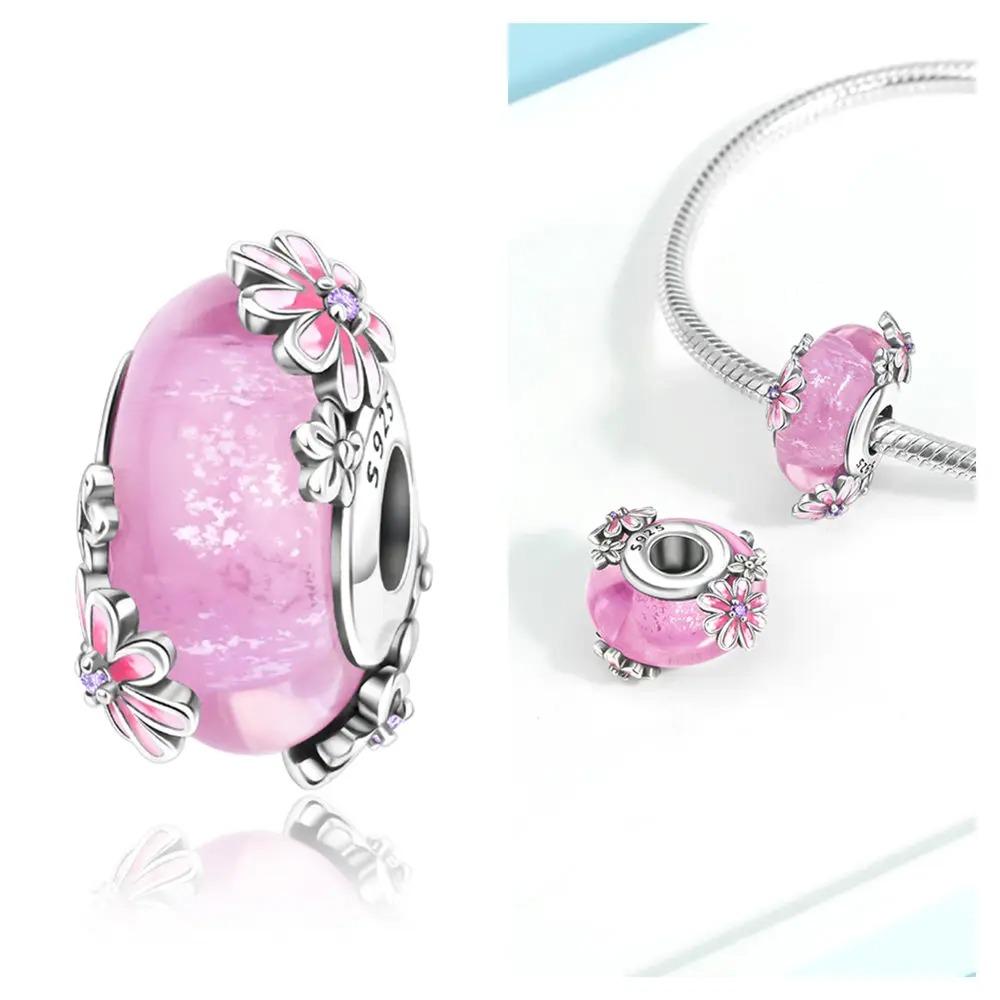 Original Rosa Glasperlen Blaue Romantische Perlen 925 Silber Charms für Frauen DIY Schmuckherstellung Armband Passend