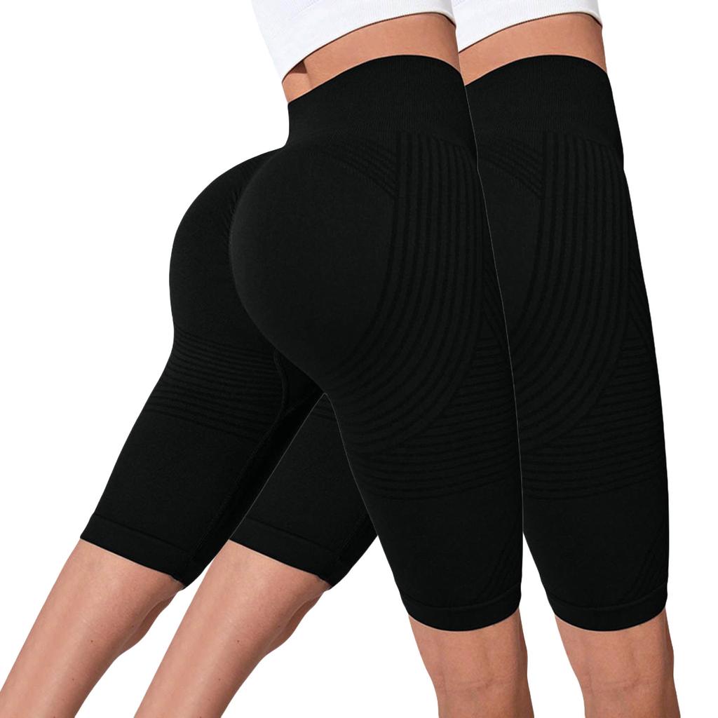 High Waist Seamless Yoga Shorts for Women with Ribbed Design Stretchy Compression Fit Capris Length