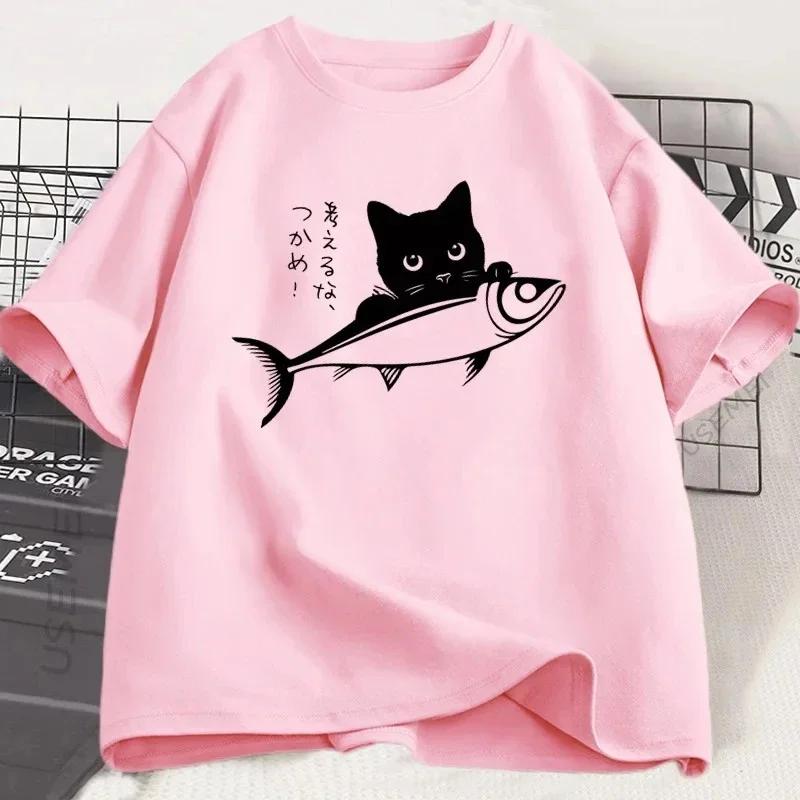 ZX Tee Black Cat T Shirt Women Cat Lover Tshirt Japanese Streetwear Fish T-Shirt Funny Kawaii Cat Owner Tshirt Women Short Sleeve
