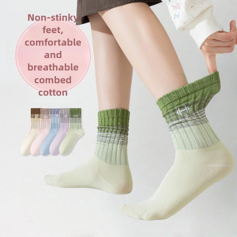 Female Spring and Autumn Gradient Color Embroidery Sweat Absorbent Breathable Boneless Anti Pilling Tube Stack Socks