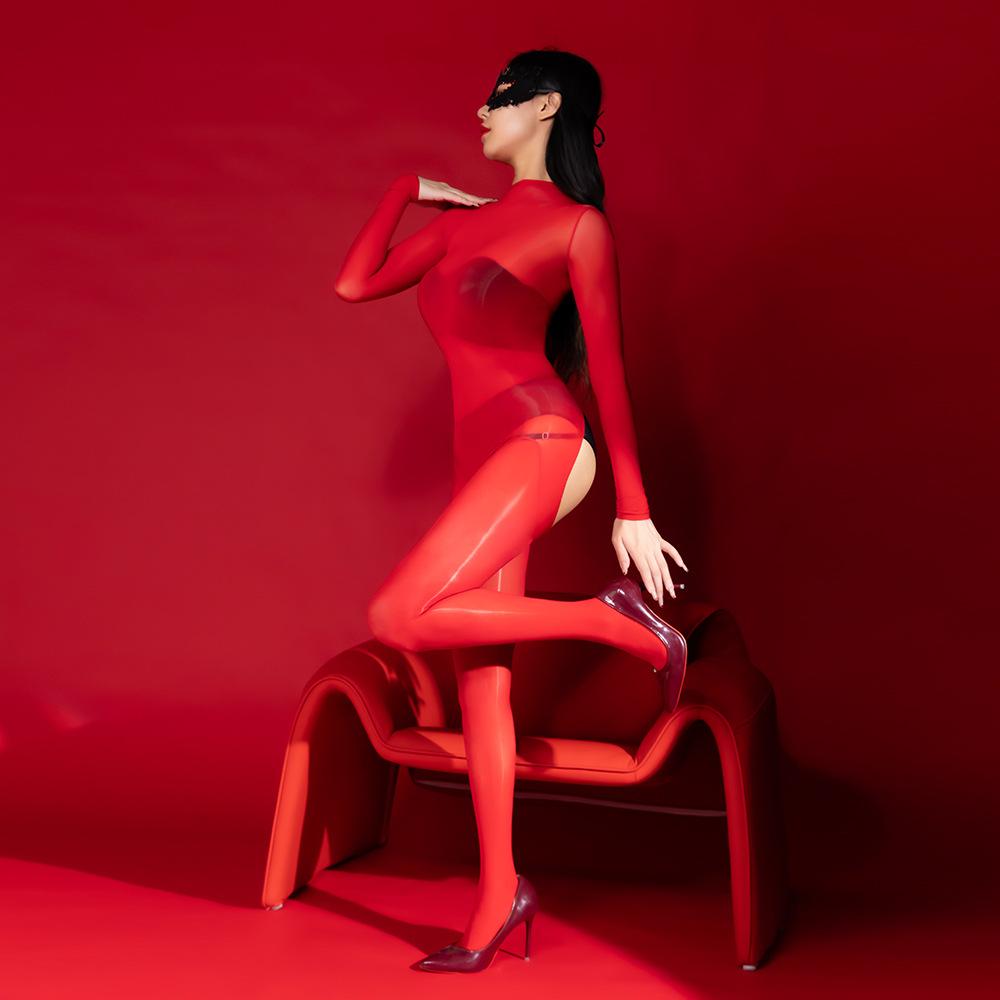 Sexy Women Backless Open Crotch Bodysuit Oil Shiny Glossy Sexy Jumpsuits Satin Smooth Shapping Tights Sheer See Through Leotard
