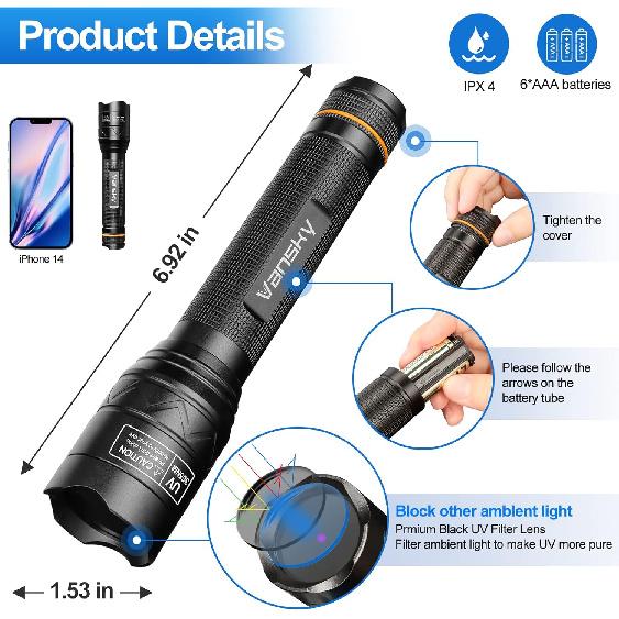 Vansky X7 Pro 365nm UV Light Blacklight Flashlights: LED Black Light Flashlite Professional Ultraviolet Flashlight Pet Urine Detector for Dog Cat,