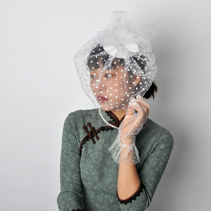 1920S Prom Spotted Headgear Veil Set Vintage Prom Gloves Combination