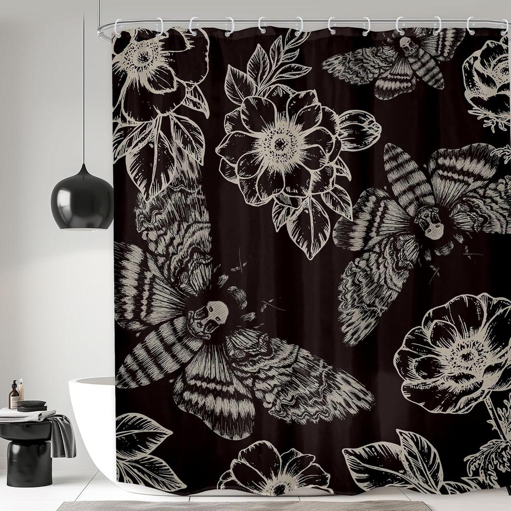 Gothic Skull Shower Curtain Bathroom Set Halloween Death Head Moth Pink Flower Leaves Spider Scary Witchy Bath Accessories