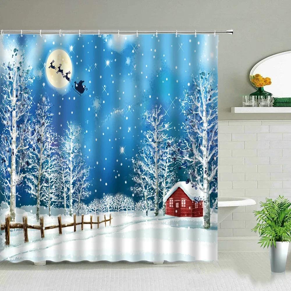 Waterproof Bathroom Shower Curtain Elk Christmas Santa Claus Fairy Snow Night Printed Bath Washable Quick Dry Wrinkle Decoratio