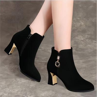 Suede Short Boots Women's Autumn and Winter New Temperament Boots Women's Middle Heel Square and Martin Boots Side Zipper Pointed Women's Boots