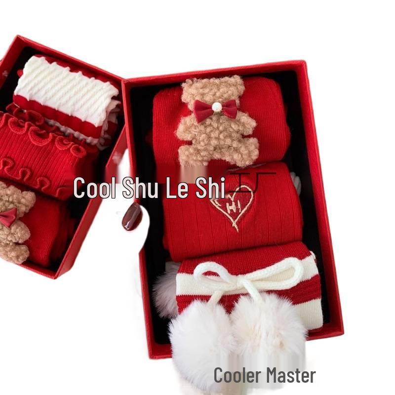 Women's Red Dragon Year Gift Socks Set: Knee-High Cotton Socks for Autumn, Winter, and New Year Luck