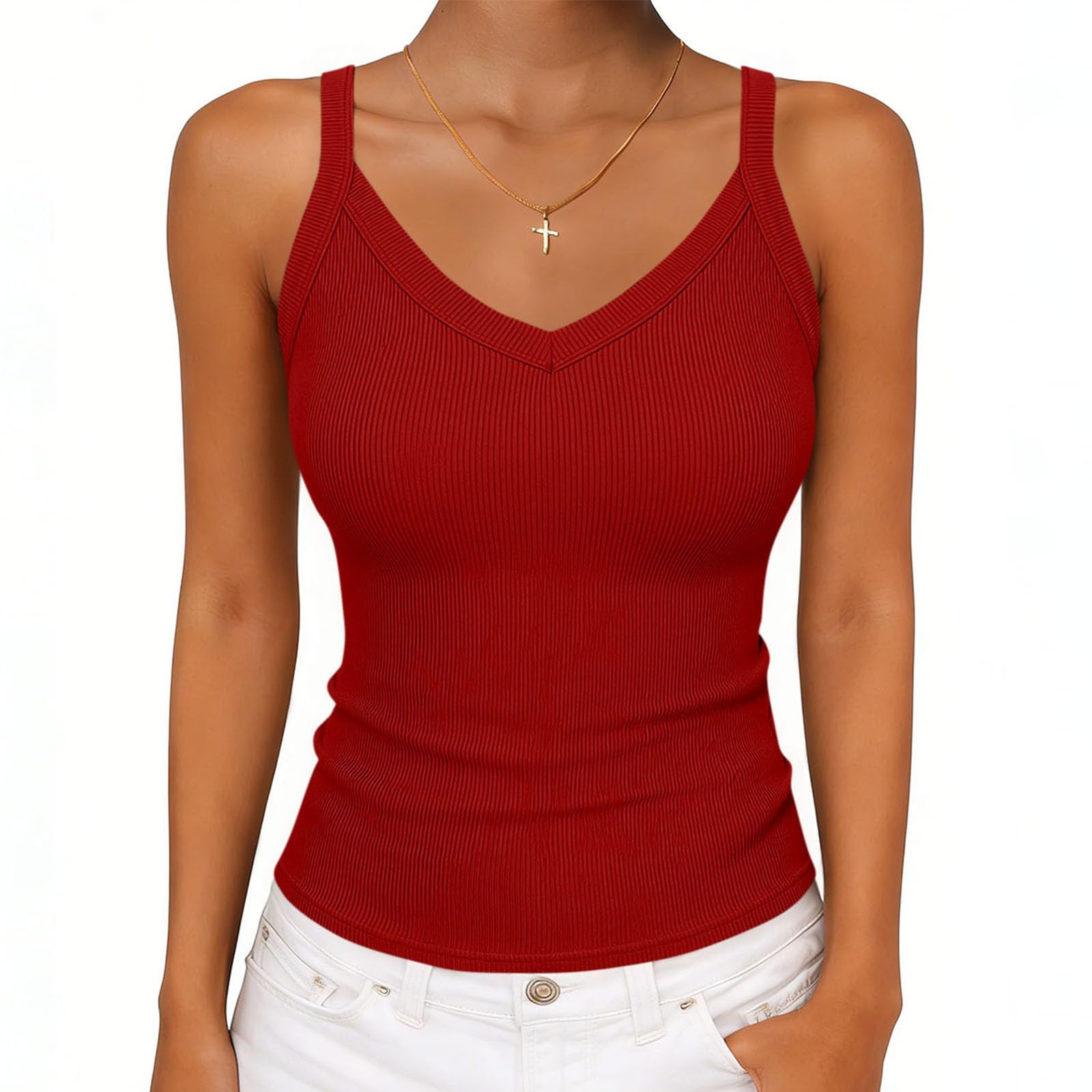 Women s V-neck Ribbed Knit Fitted Sleeveless T-Shirt L красный