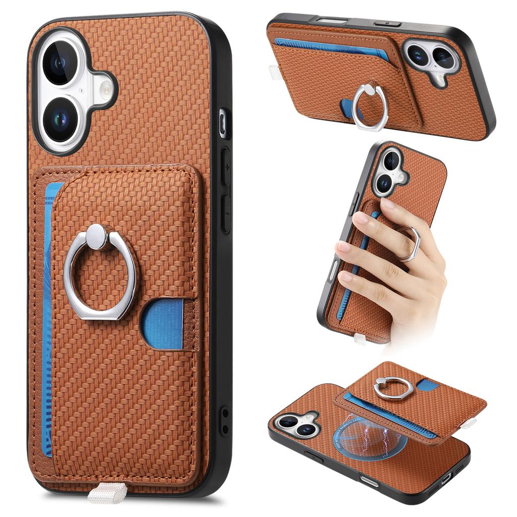 For iPhone 16 Case Ring Kickstand Leather Back Cover with Magnetic Detachable Card Holder