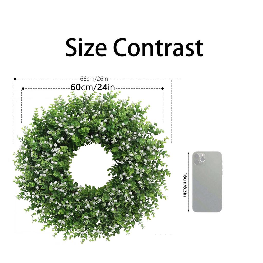 60cm Eucalyptus and Baby's Breath Artificial Greenery Wreath for Door Wall Decoration Home and Office Hanging Ornament
