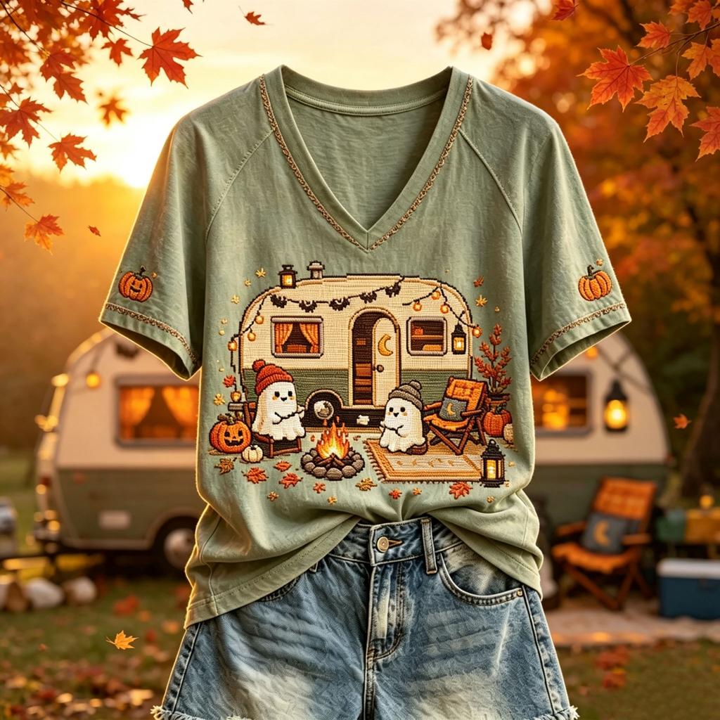 Women's Casual Halloween Print V-Neck Short Sleeve T-Shirt Top for Fall and Daily Wear