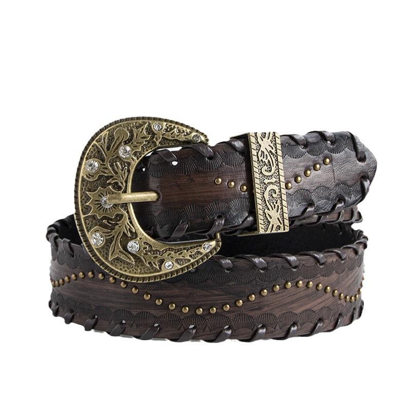 New Women's Retro Old Threaded Rivet Embossed Brown Belt Women's Personality Retro Belt