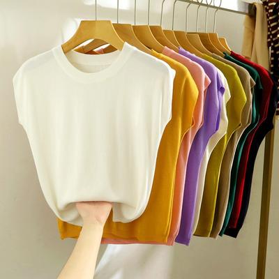 Pulover tricotat din mătase glacială pentru femei, de vară, croială slim, guler rotund, culoare uni, versatil, cu umeri goi, mânecă scurtă