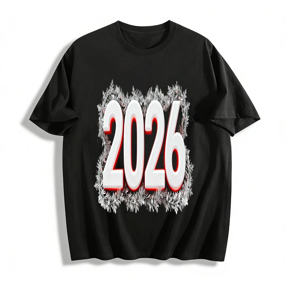 2026 New Year Silver Wreath Number Print Casual Top Pure cotton T-shirt XXS