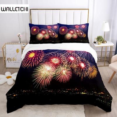 Juego de funda de edredón de fuegos artificiales, tamaño Queen, juego de cama de fuegos coloridos, microfibra, funda de edredón suave con temática navideña