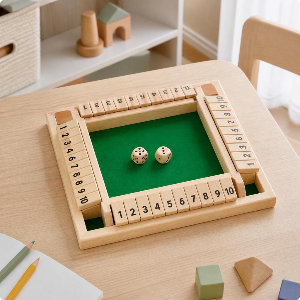 Four Sided Flip Number Board Game Sturdy Wooden Tile with Dice for Families, Casual