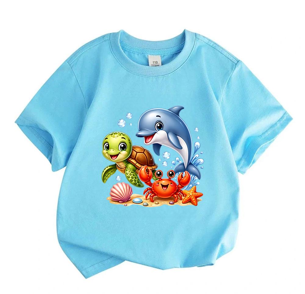 Kids Boys Girls 100% Cotton Crew Neck Short Sleeve T-Shirt, Cute Sea Animal Cartoon Turtle Dolphin Crab Print Casual Summer Tees for Children