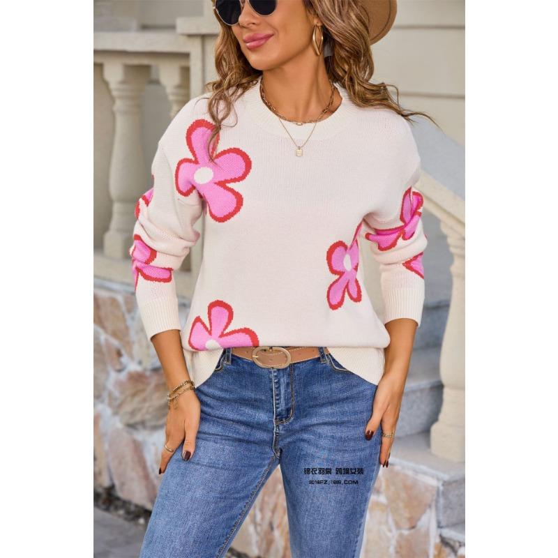 Neuer lockerer Pullover mit Jacquardmuster für Damen, trendiger kontrastfarbiger Rundhals-Pullover