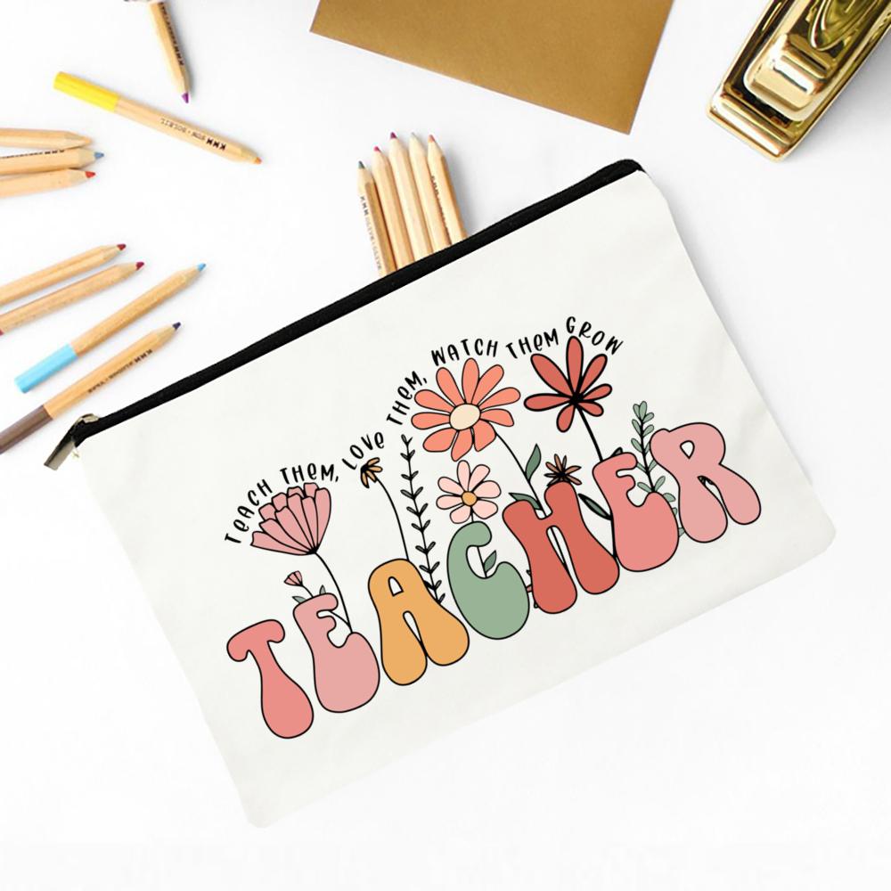 Teacher Flower Print Pencil Case Travel Makeup Bag School Stationery Supplies Storage Bags Wash Pouch Cosmetic Bags Teacher Gift