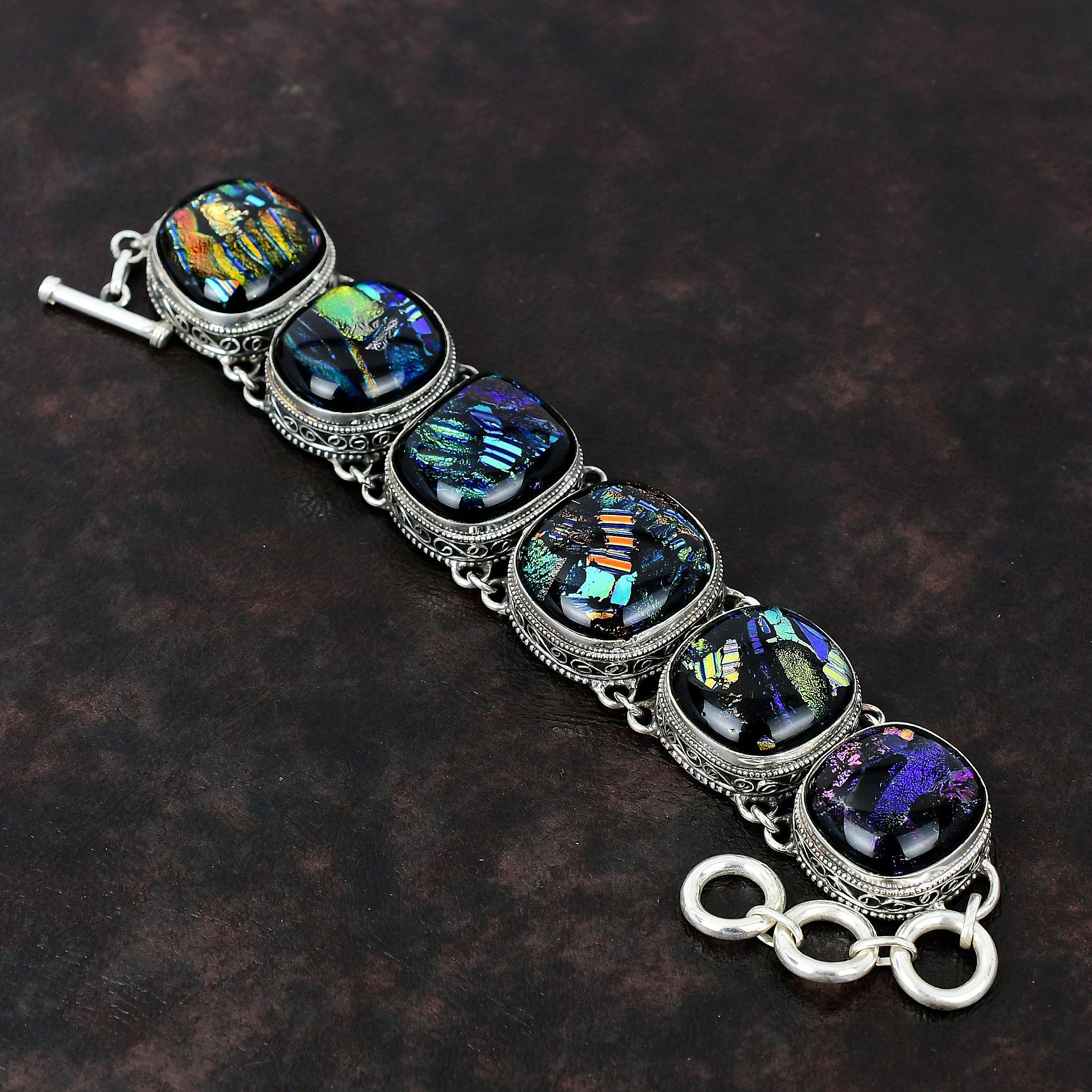 

Браслет из американского дихроичного стекла, браслет из стерлингового серебра 925 пробы, регулируемый браслет-цепочка ручной работы, браслет из драгоценных камней, винтажные ювелирные изделия для подарка Adjustable