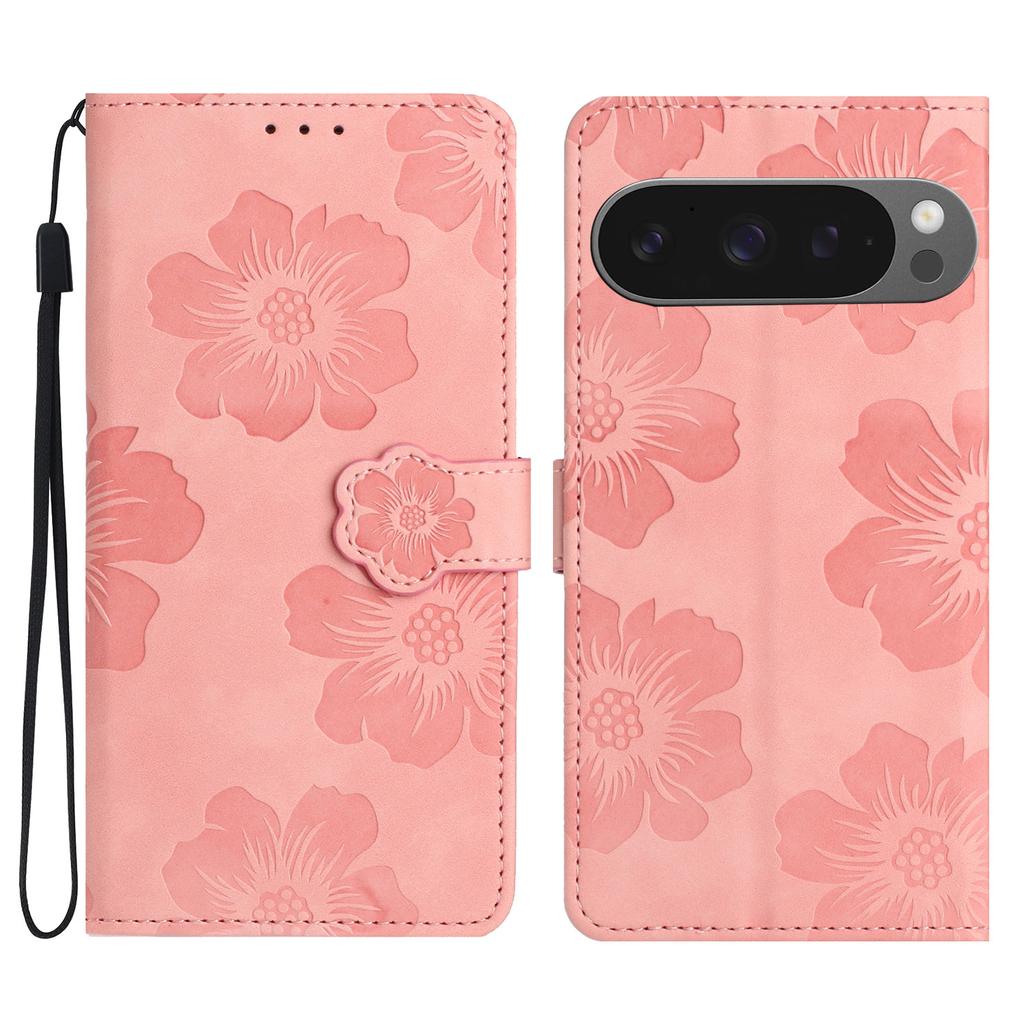 For Google Pixel 9 Pro XL Case Flower Design Leather Wallet Phone Cover with Wrist Strap