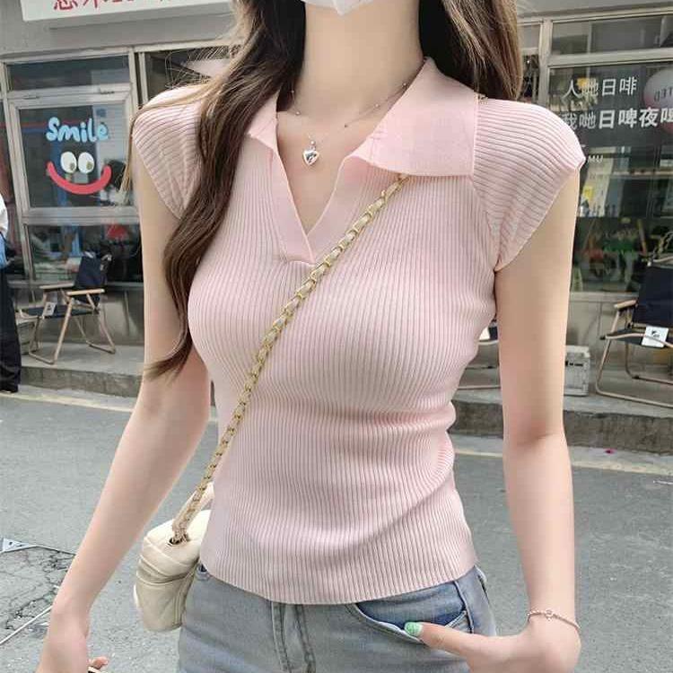 Temperament solid color polo collar small fly sleeve knitted sweater women's summer thin slim high waist short ice silk t-shirt top