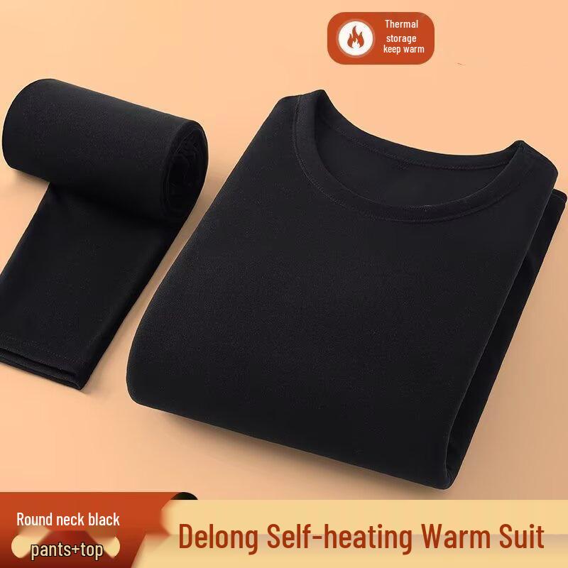 Męski Jesienno-Zimowy Ciepły Zestaw Bielizny z Okrągłym Dekoltem - Jednolity Kolor, Duży Rozmiar Warstwa Bazowa