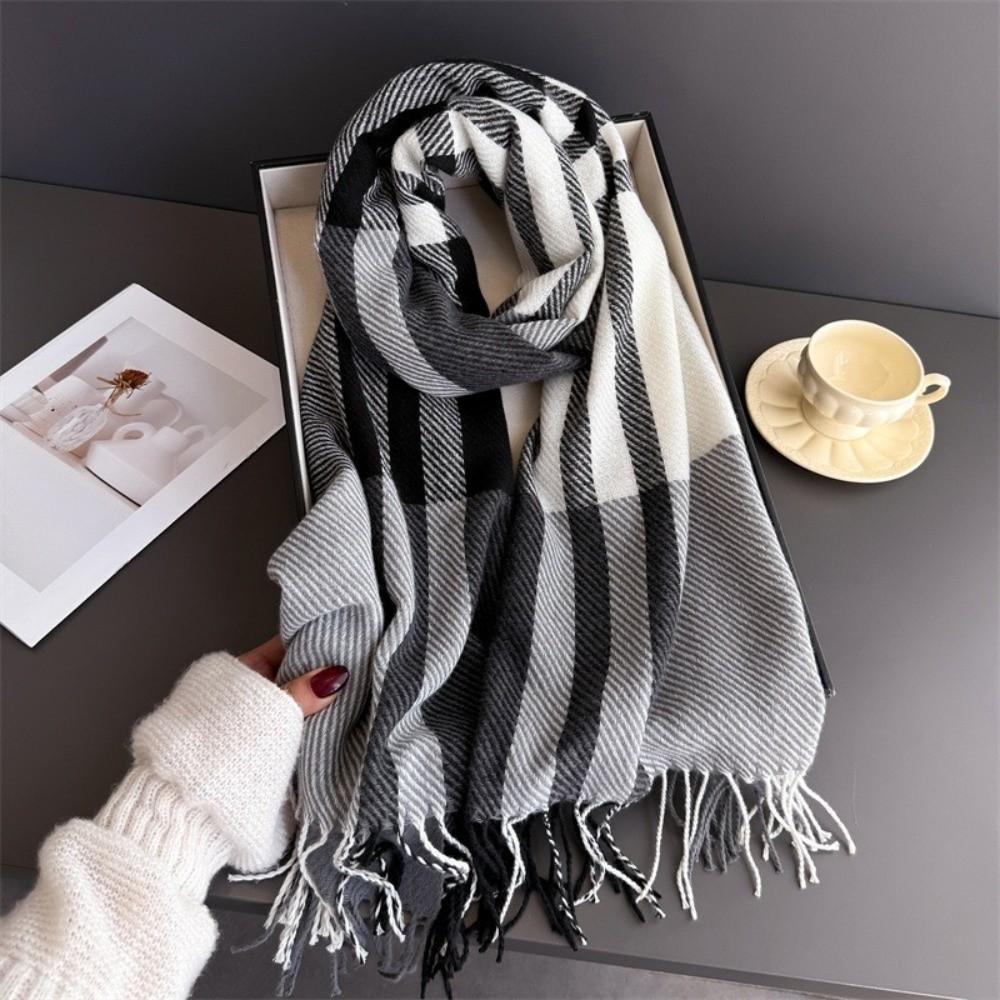 Imitation Wool Texture Checkered Scarf Tassel Wool Texture Scarf Fashionable Warm Scarf  Couples